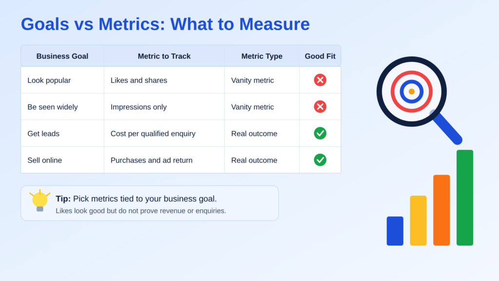 Goals and metrics table for evaluating social media advertising agencies
