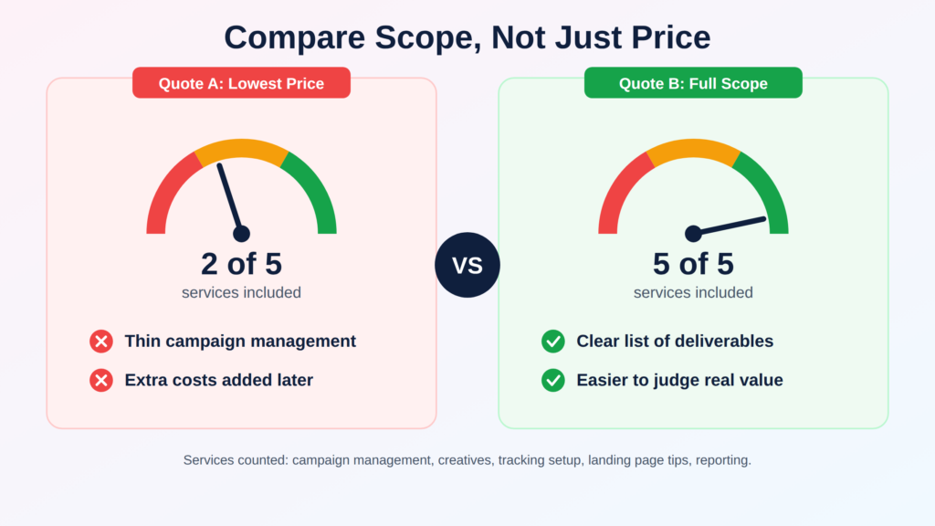 Comparing scope and price of two quotes from social media advertising agencies
